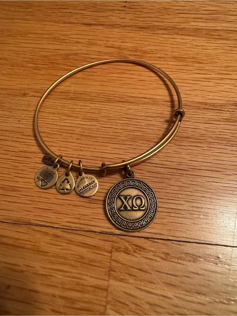 Alex and Ani Gold XO Chi Omega Charm Bangle Bracelet